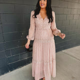 Floral Lace Tiered Long Sleeve Maxi Dress - Pastel Pink