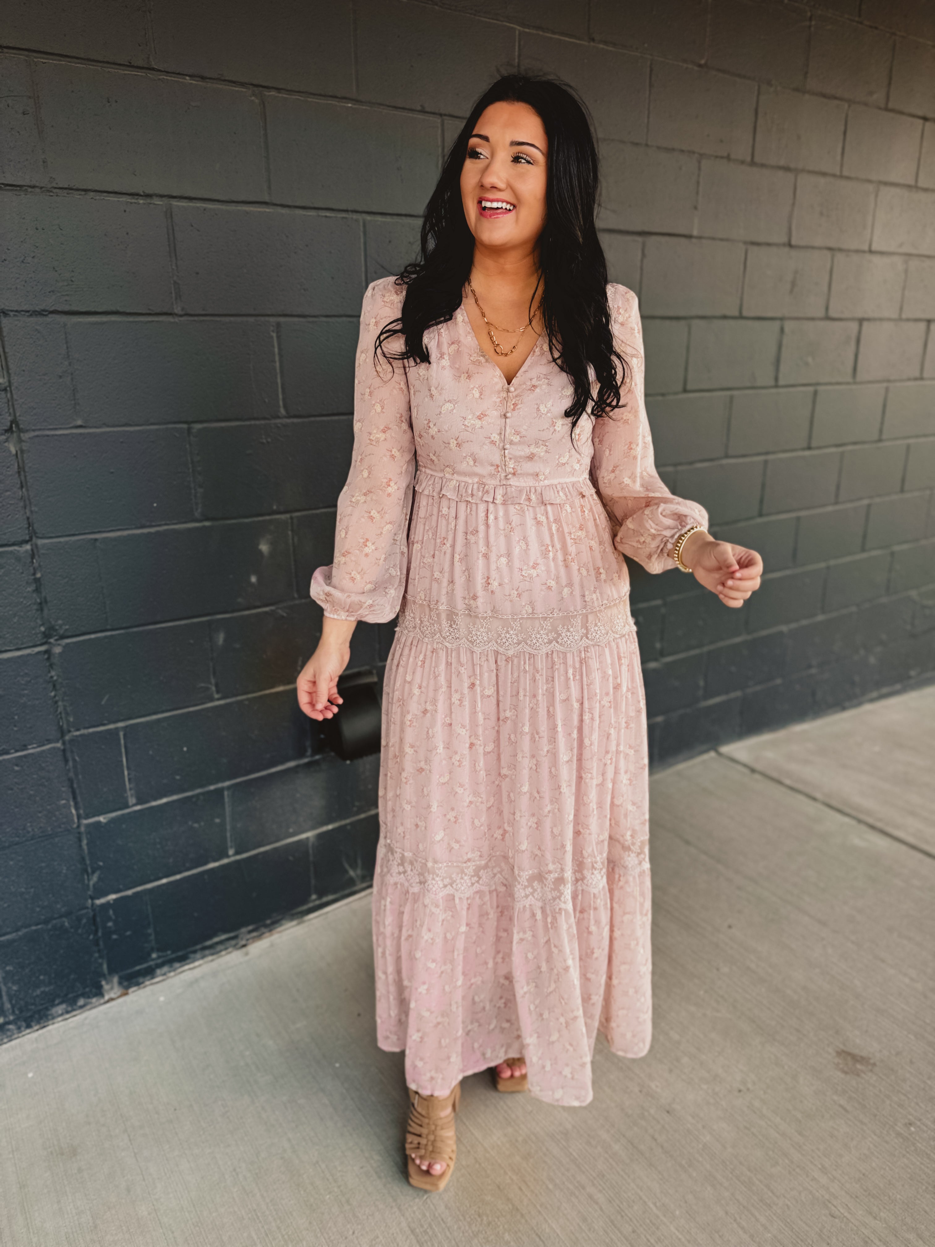 Floral Lace Tiered Long Sleeve Maxi Dress - Pastel Pink Floral Lace Tiered Long Sleeve Maxi Dress - Pastel Pink