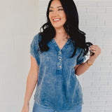 Washed Gauze Button Henley Top - Dusty Blue