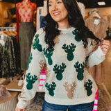 Pearl Beaded Reindeer Christmas Sweater - Ivory/Hunter