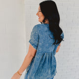 Washed Gauze Button Henley Top - Dusty Blue