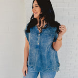 Washed Gauze Button Henley Top - Dusty Blue