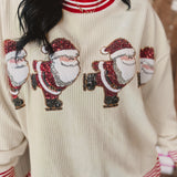 Santa Skating Sequins Embroidered Pullover - Red/Cream