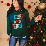 Merry & Bright Cable Knit Embroidered Sweatshirt - Hunter Green