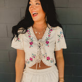 Floral Embroidery Detail Front Tie Cropped Blouse - Natural