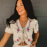 Floral Embroidery Detail Front Tie Cropped Blouse - Natural