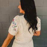 Floral Embroidery Detail Front Tie Cropped Blouse - Natural