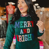 Merry & Bright Cable Knit Embroidered Sweatshirt - Hunter Green