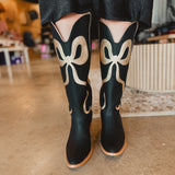 Western Style Bow Boots - Black/Gold