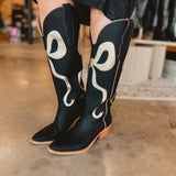 Western Style Bow Boots - Black/Gold