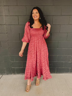 Jacquard Smocked Ruffled Hem Maxi Dress - Rose - Lace and Grace Boutique