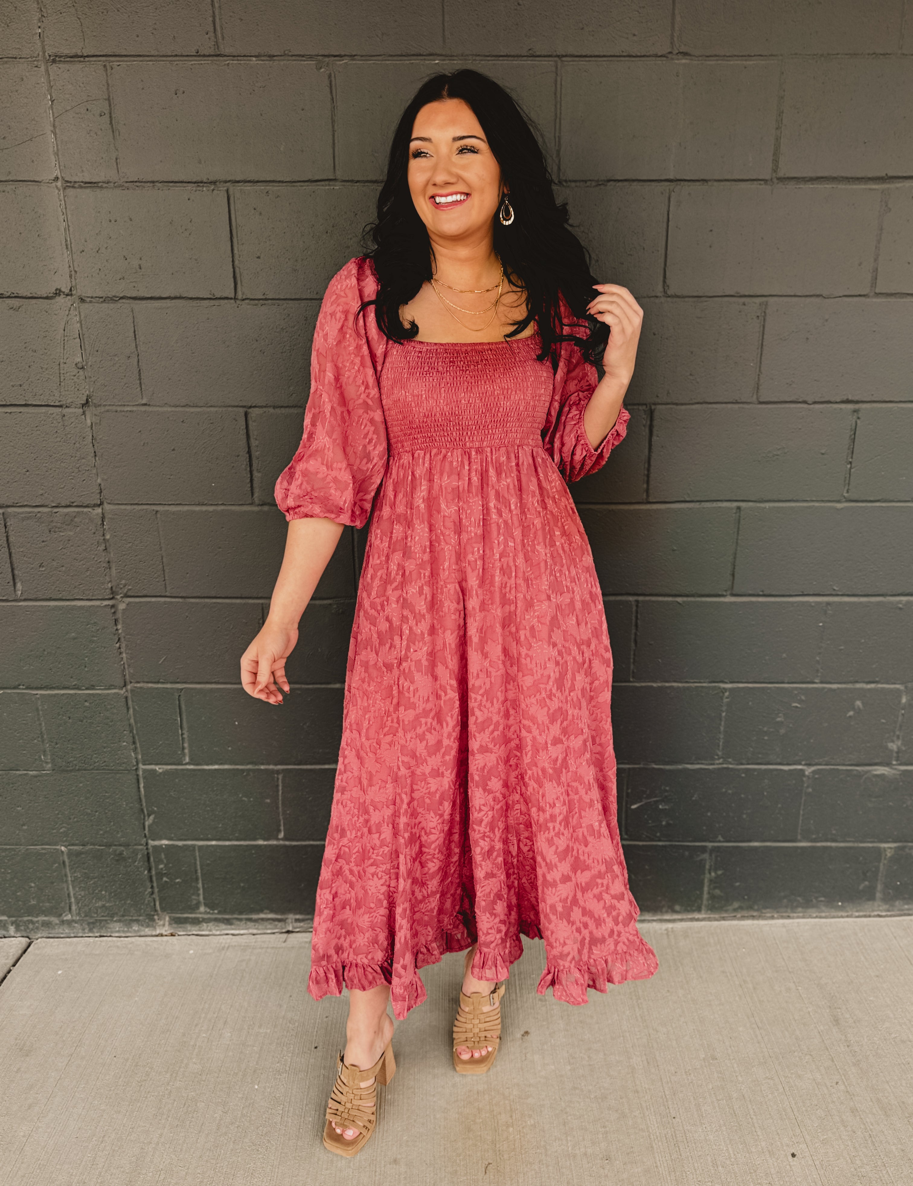 Jacquard Smocked Ruffled Hem Maxi Dress - Rose Small Jacquard Smocked Ruffled Hem Maxi Dress - Rose Small
