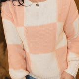 Checkered Boat Neck Bubble Sleeve Sweater - Pink