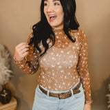 Floral Lace Mock Neck Sheer Mesh Top - Caramel - Lace and Grace Boutique