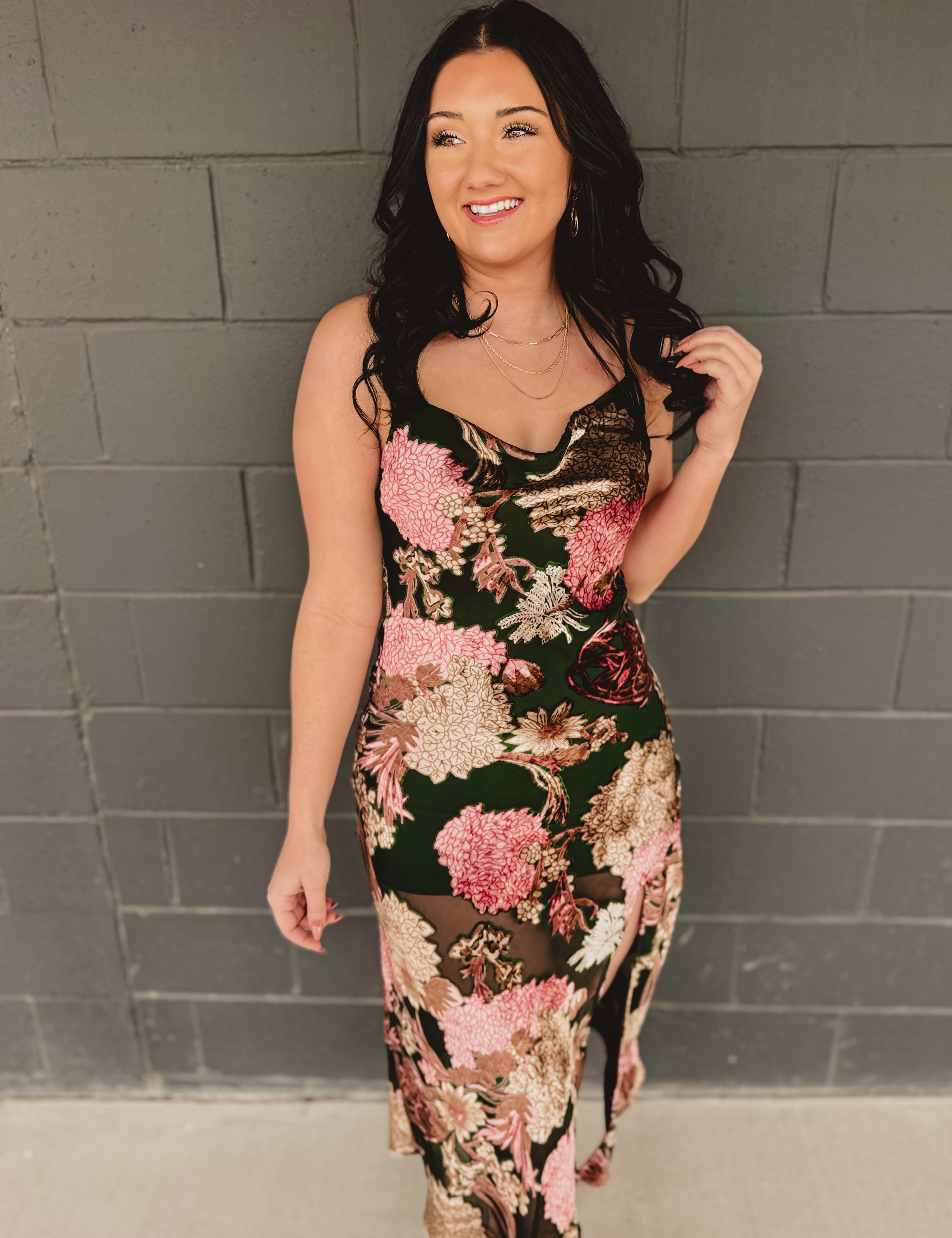 Cowl Neck Floral Print Midi Dress - Dark Green Multi Small Cowl Neck Floral Print Midi Dress - Dark Green Multi Small