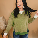 Color Block Snow Washed Oversized Pullover - Moss Green - Lace and Grace Boutique