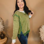 Color Block Snow Washed Oversized Pullover - Moss Green - Lace and Grace Boutique