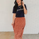 Floral Tiered Midi Skirt with Front Slit - Rust