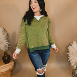 Color Block Snow Washed Oversized Pullover - Moss Green - Lace and Grace Boutique