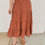 Floral Tiered Midi Skirt with Front Slit - Rust