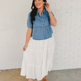 Crinkle Tiered Midi Skirt- White