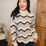 Wave Striped Turtle Neck Sweater - Grey/Taupe