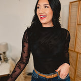 Mesh Velvet Floral Long Sleeve Bodysuit - Black