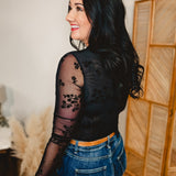 Mesh Velvet Floral Long Sleeve Bodysuit - Black