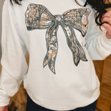 Simply Southern Camo Bow Long Sleeve Crewneck - White