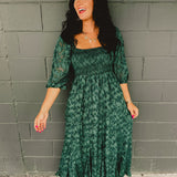 Smocked ruffled hem half sleeve square neck maxi dress.