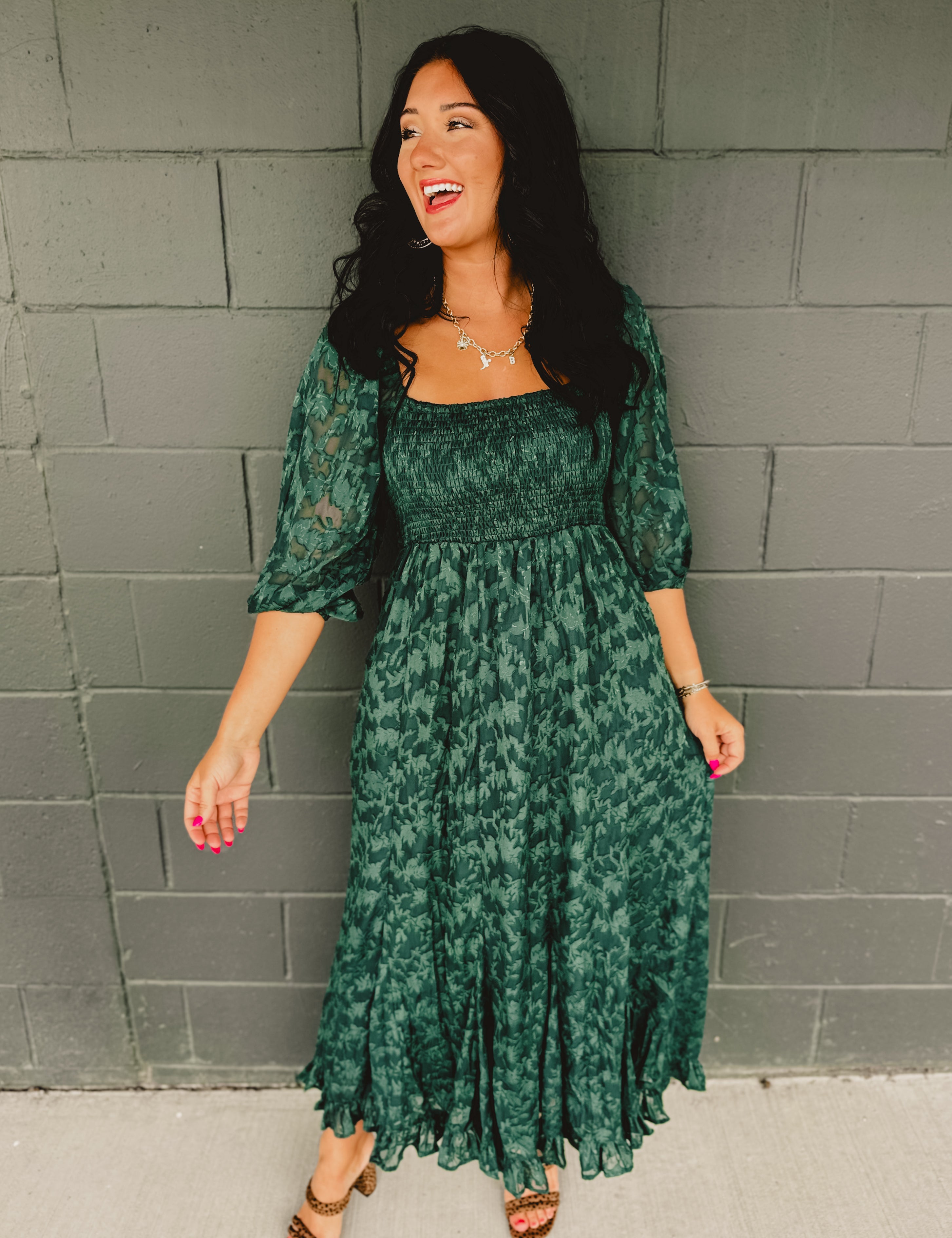 Smocked ruffled hem half sleeve square neck maxi dress.