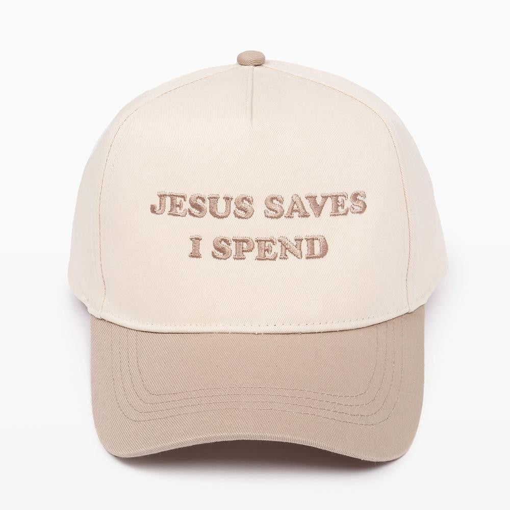 One size adjustable snap back closure two tone baseball cap with embroidery that says "Jesus Saves I Spend."