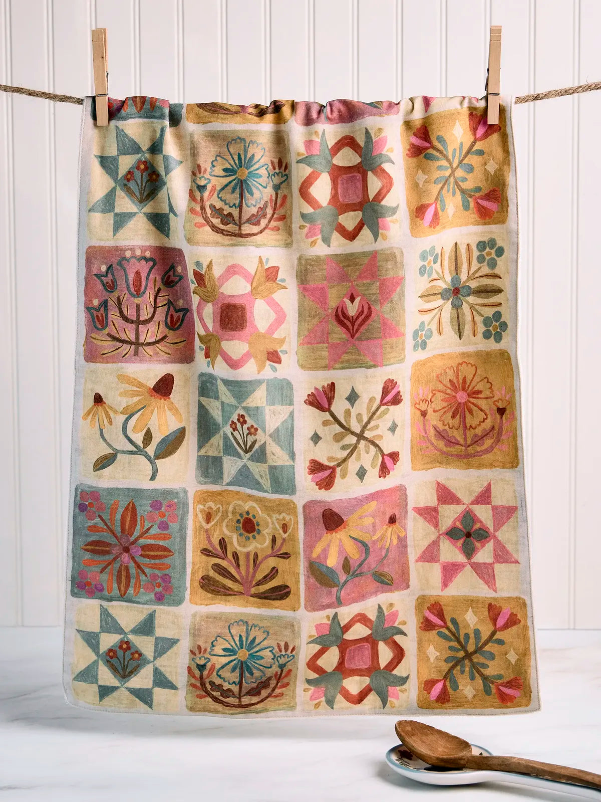 Natural Life Cotton Dish Towel - Folk Quilt Patchwork Cream - Lace and Grace Boutique