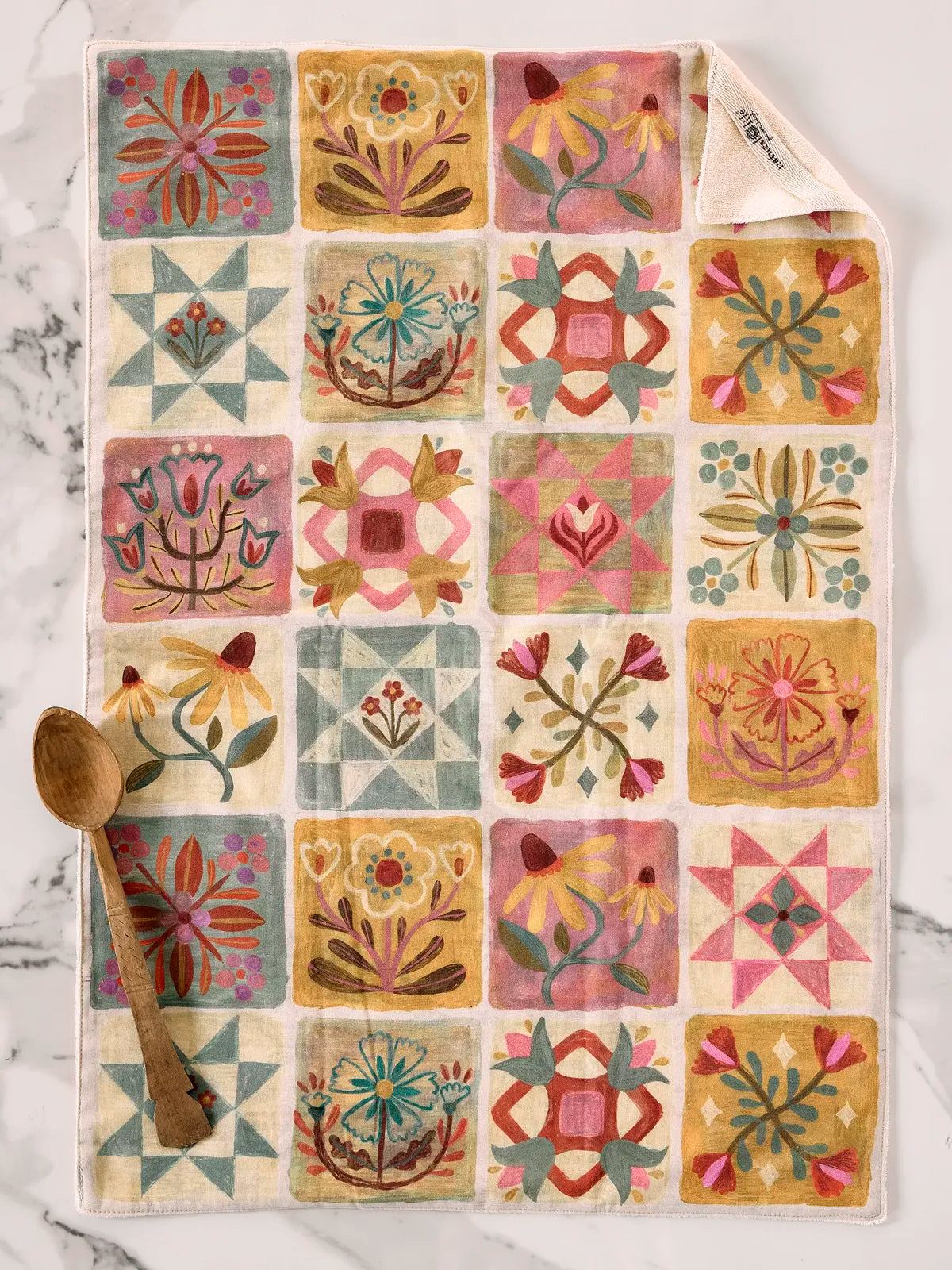 Natural Life Cotton Dish Towel - Folk Quilt Patchwork Cream - Lace and Grace Boutique