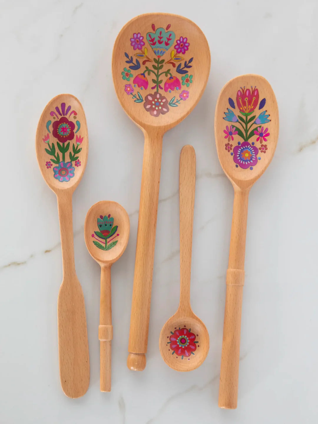 Natural Life Set of 5 Wooden Spoon Set - Folk Flower - Lace and Grace Boutique