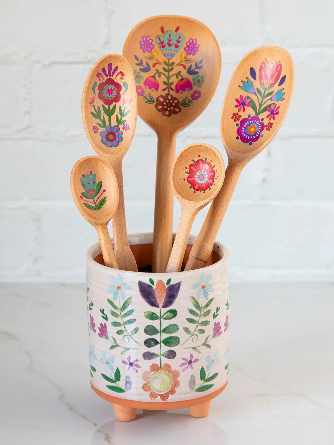 Natural Life Set of 5 Wooden Spoon Set - Folk Flower - Lace and Grace Boutique