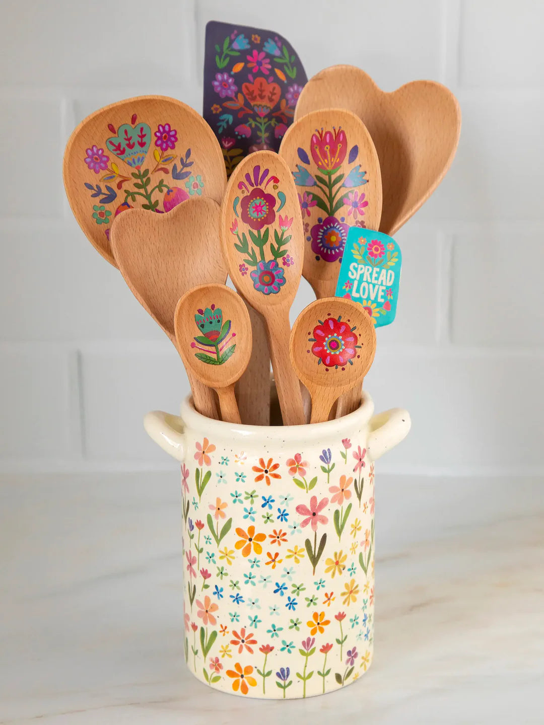 Natural Life Utensil Crock - Ditsy Cream Rainbow Floral - Lace and Grace Boutique