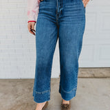KanCan high rise cropped wide leg jeans in dark denim.