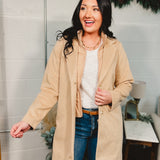 Knee length button and zip-up sports coat in Taupe.