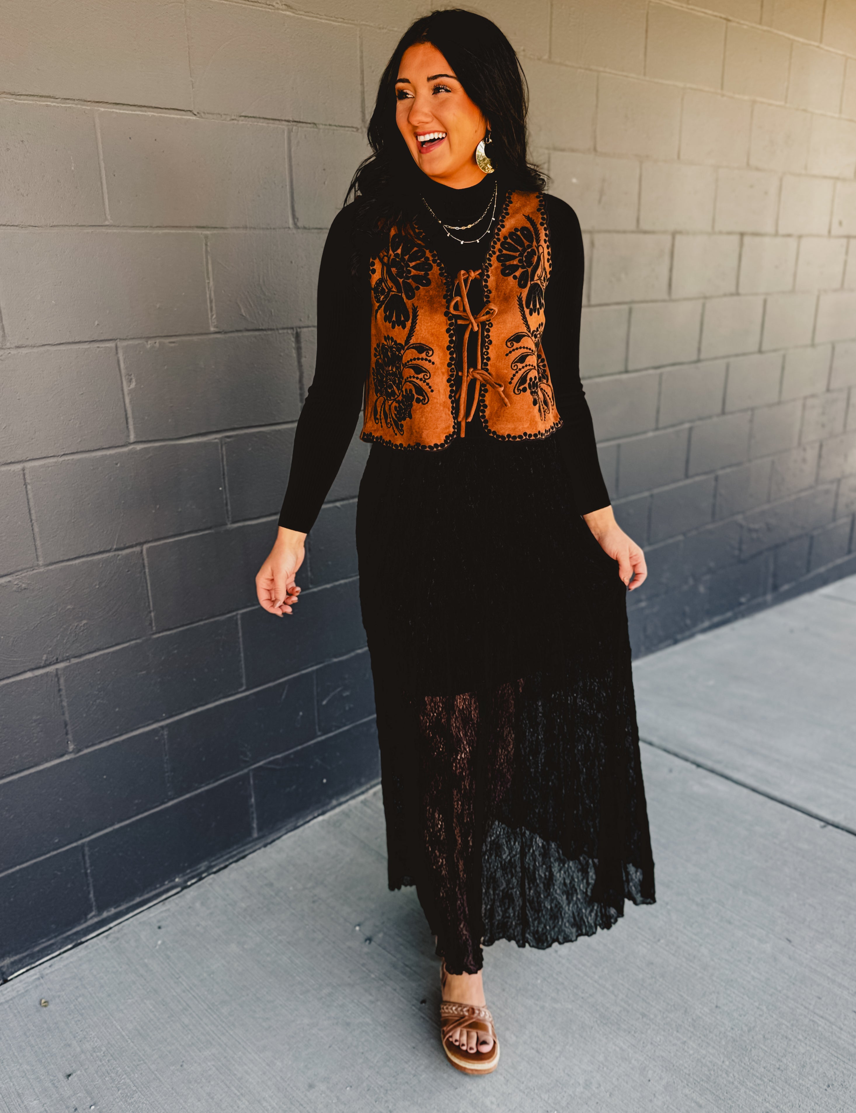 Knitted lace godet style maxi skirt in black.