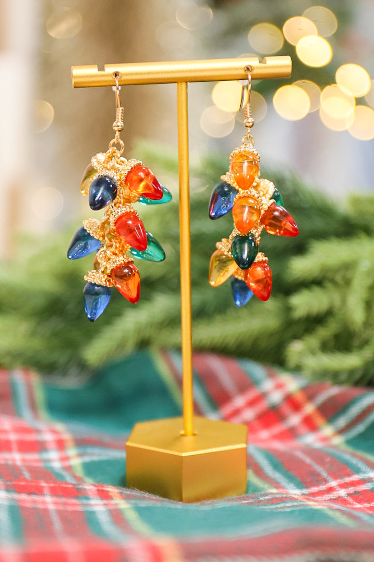 Linked Christmas light bulb drop dangle earrings in multicolor.