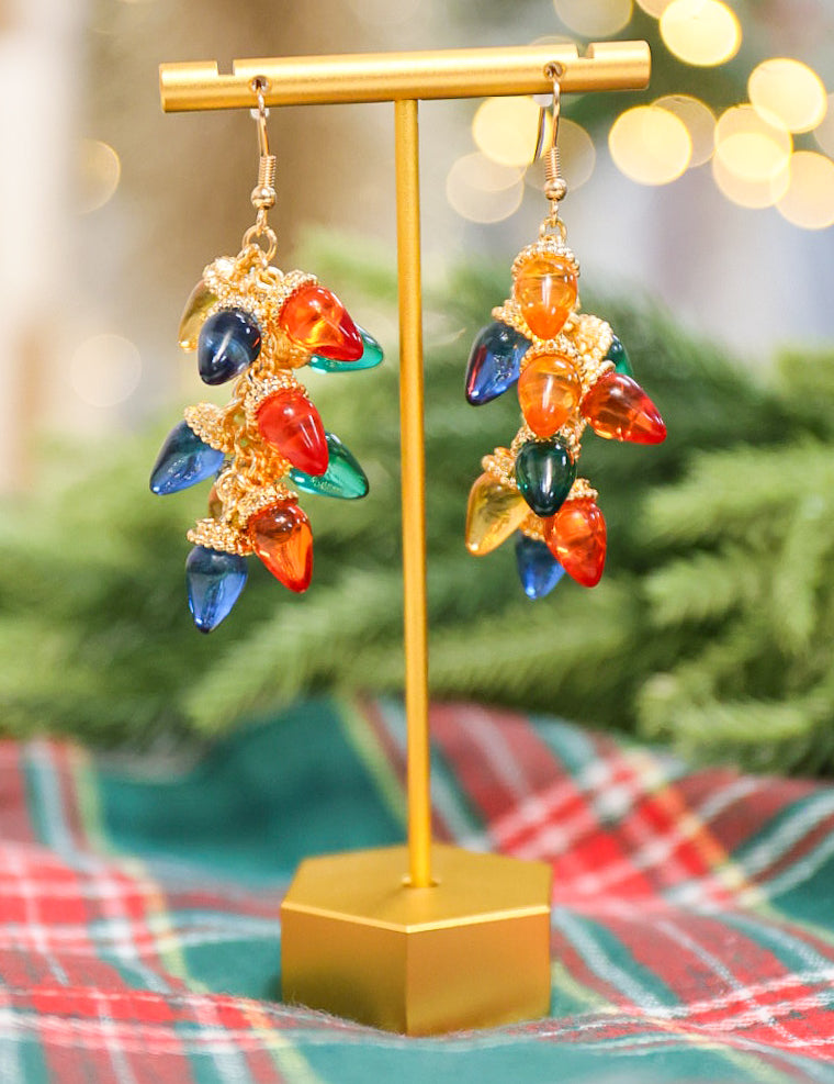 Linked Christmas light bulb drop dangle earrings in multicolor.