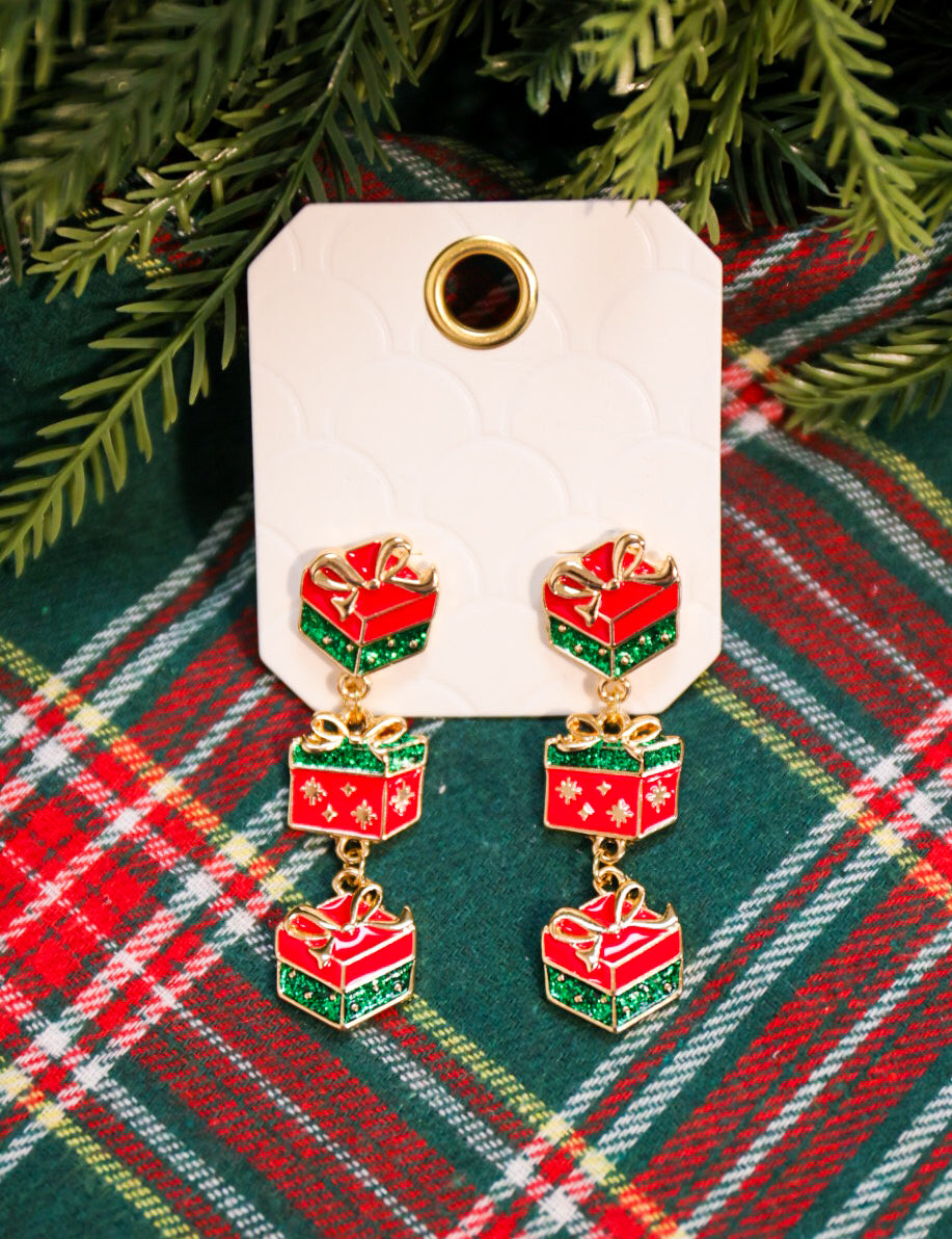 Linked Christmas present post drop earrings in red/green/gold.