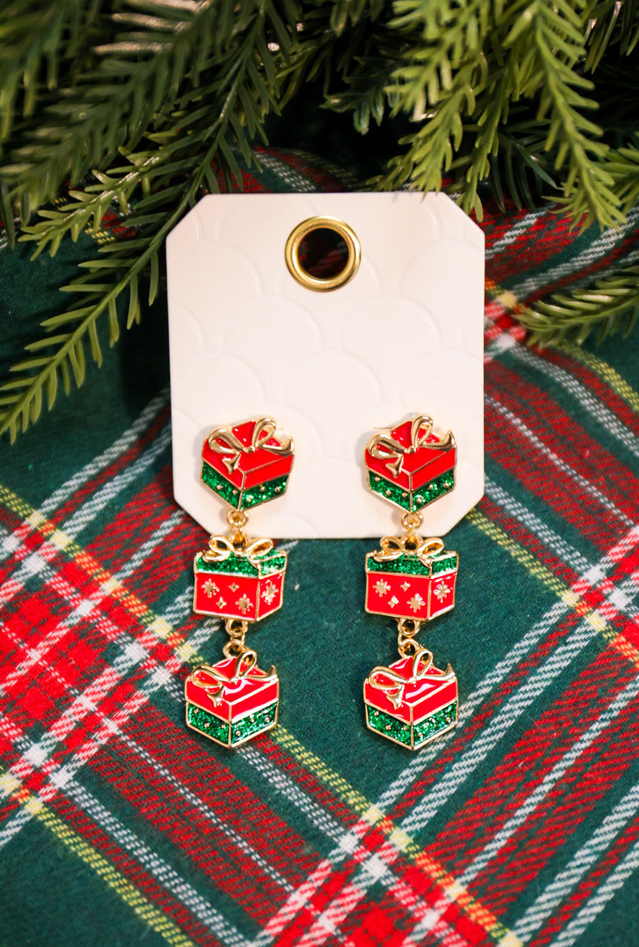 Linked Christmas present post drop earrings in red/green/gold.