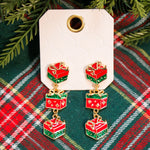 Linked Christmas present post drop earrings in red/green/gold.