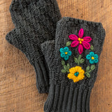 Natural Life Embroidered Fingerless Gloves - Charcoal Folk Flower