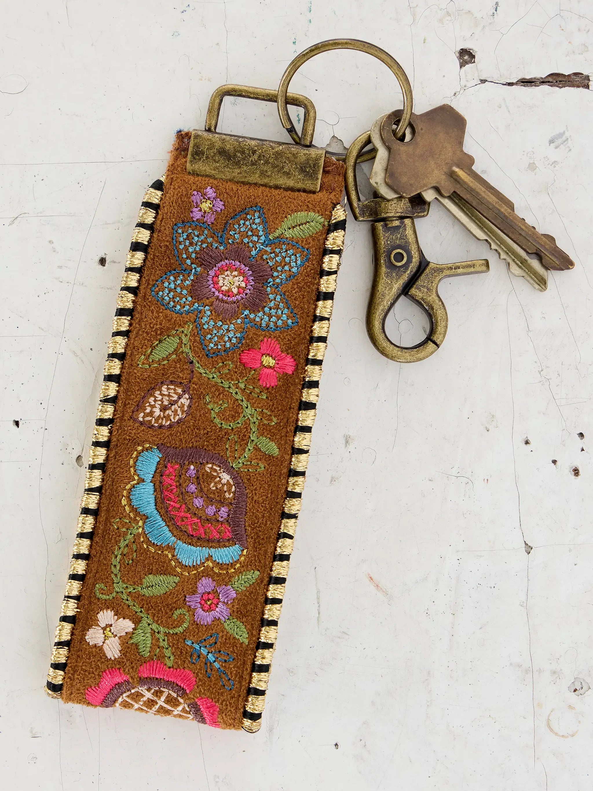 Natural Life Embroidered Key Chain - Brown Suede - Lace and Grace Boutique
