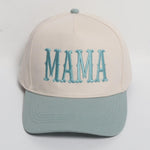 Two tone "MAMA" sage/white adjustable snap back closure one size fits most baseball cap.