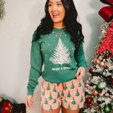 Merry & Bright flitter detail mineral washed holiday sweatshirt in dusty green.