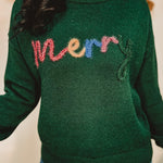 Merry tinsel lettering crewneck pullover sweater in hunter green.